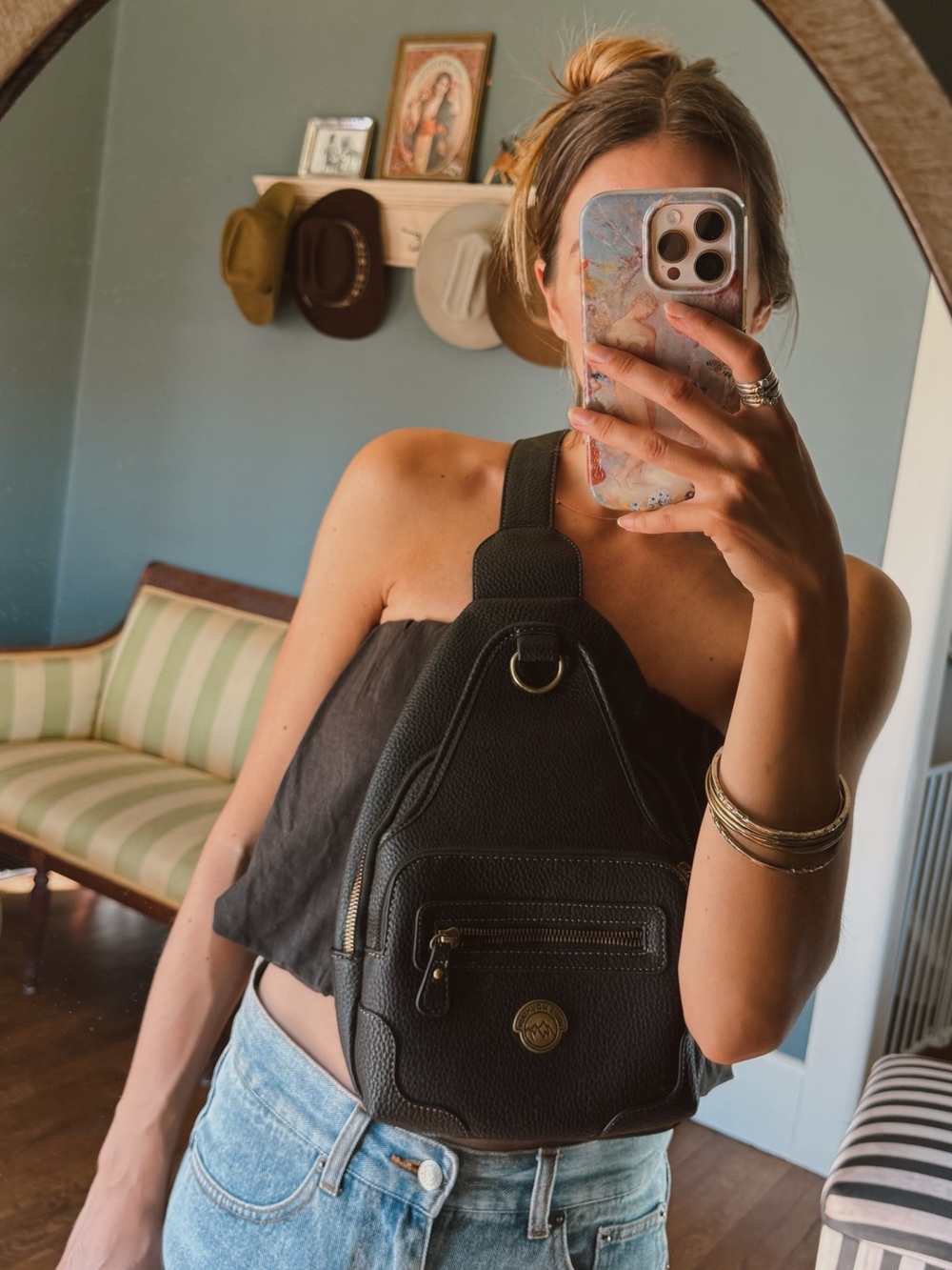 White Mountain Black Textured Leather Crossbody Sling Bag